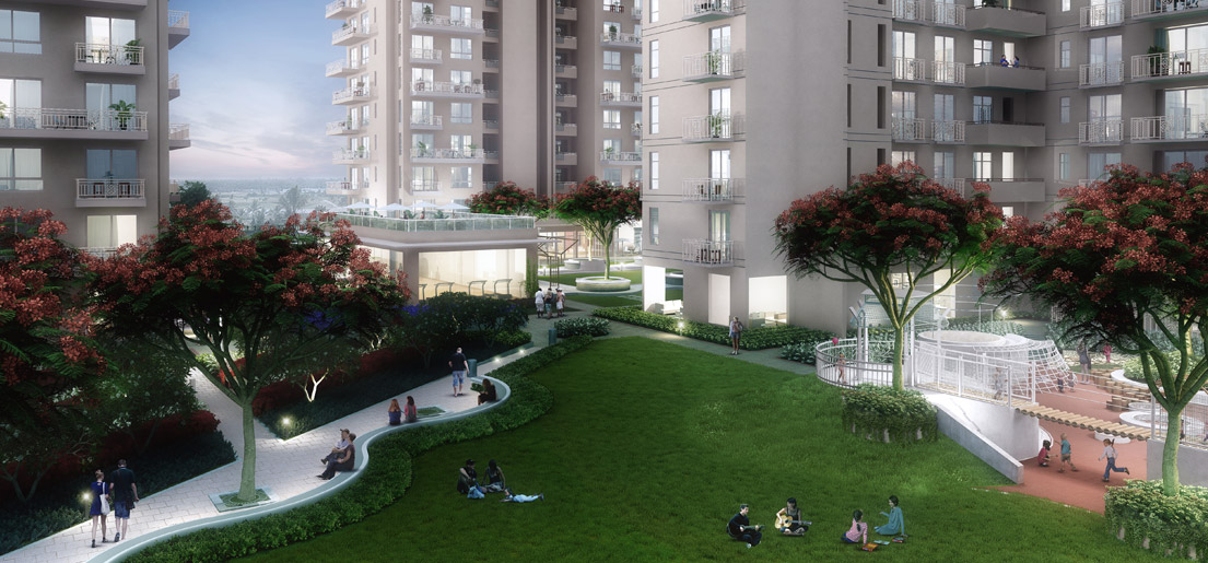 a rendering of a view of the garden of sovereign park a luxurious residential project by vatika group