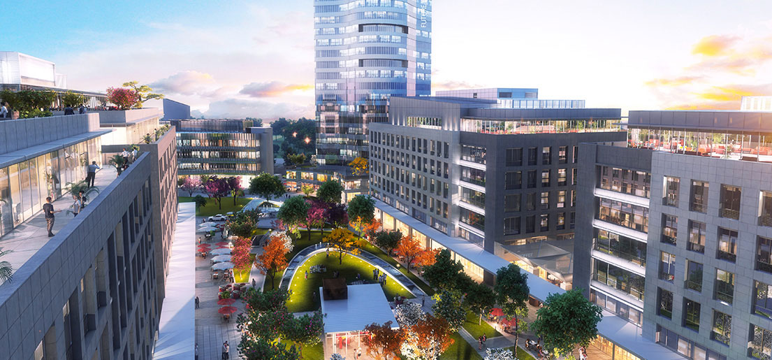 rendering of the centre view of vatika one on one an office campus project by vatika group
