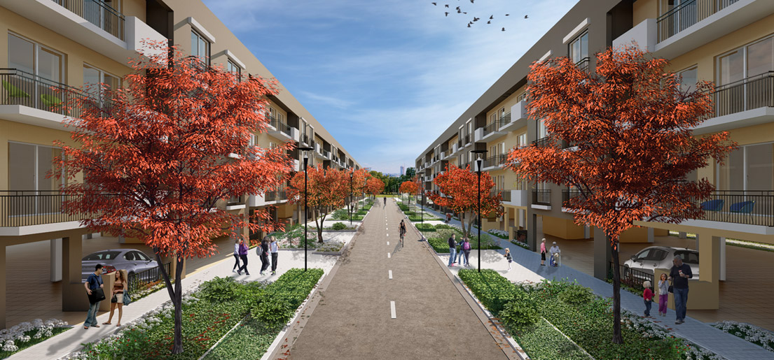 a rendering of a roadside view of vatika xpressions an independent builder floor project by vatika group